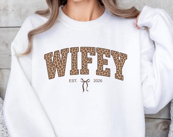 Wifey Sweatshirt Leopard Print Mrs Crewneck New Wife Gift Fiance Pullover Coquette Wedding Gift Bride Bow Bridal Shower Newlywed Honeymoon