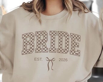 Wifey Sweatshirt Bride Checkered Pattern Crewneck Soon to be Wife Gift Fiance Pullover Coquette Wedding Bow Bridal Shower Bridesmaid Gift
