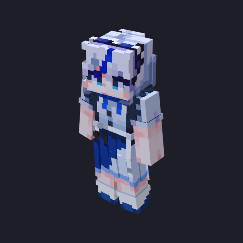 May include: A pixelated character in a maid outfit, featuring a white and blue color scheme. The character has white hair with blue accents, blue eyes, and a blue and white dress. The overall design is blocky and reminiscent of a video game.