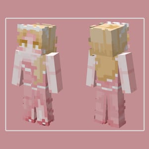 May include: A digital Minecraft character skin in a pink outfit with blonde hair and a white crown. The character is shown from the front and back, set against a pink background.