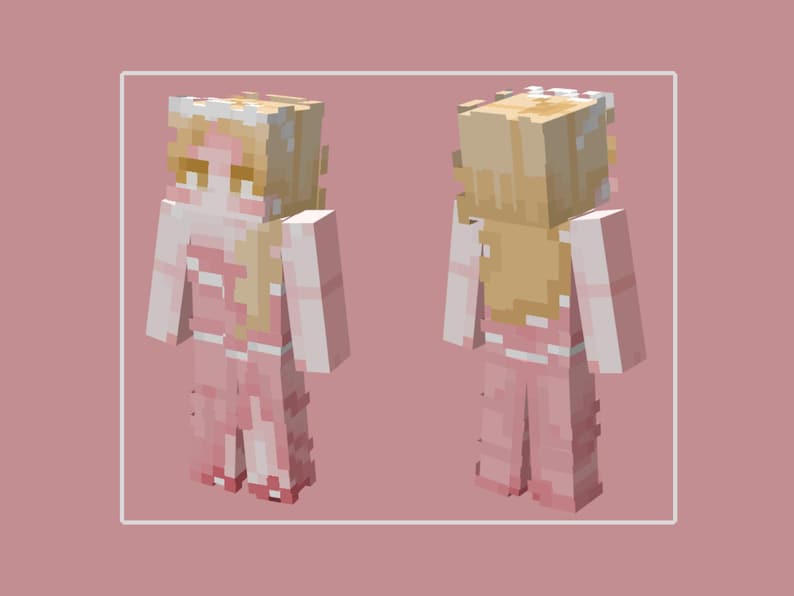 May include: A digital Minecraft character skin in a pink outfit with blonde hair and a white crown. The character is shown from the front and back, set against a pink background.