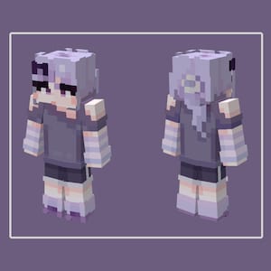 May include: A digital Minecraft skin featuring a character with a pixelated design. The character has light purple hair, a dark gray shirt, black shorts, and light purple and white striped arms and legs. The image shows the character from the front and back.