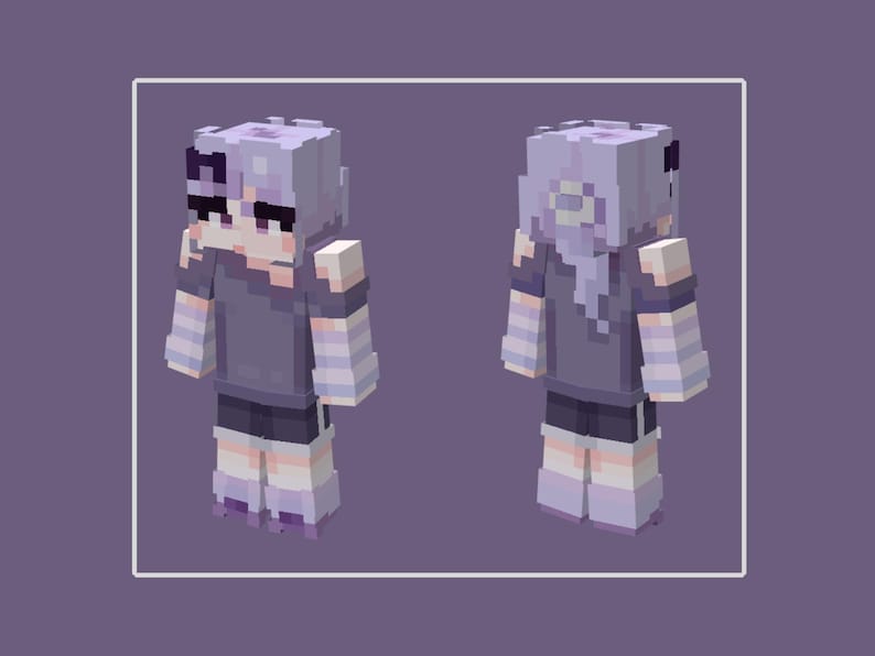 May include: A digital Minecraft skin featuring a character with a pixelated design. The character has light purple hair, a dark gray shirt, black shorts, and light purple and white striped arms and legs. The image shows the character from the front and back.
