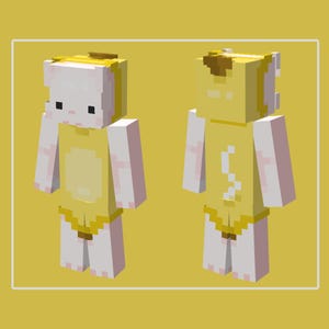 May include: A digital rendering of a Minecraft-style character in a yellow banana costume. The character has a white head with black eyes and a yellow banana peel on top. The costume includes a yellow tunic and shorts.