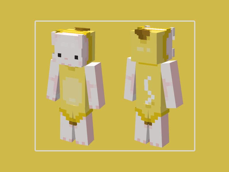 May include: A digital rendering of a Minecraft-style character in a yellow banana costume. The character has a white head with black eyes and a yellow banana peel on top. The costume includes a yellow tunic and shorts.