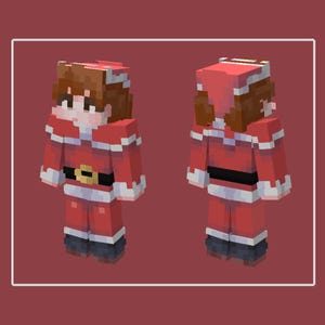 May include: A pixelated character in a Santa Claus outfit, rendered in a blocky style. The character wears a red suit with white trim, a black belt with a gold buckle, and a matching hat. The image is set against a maroon background.