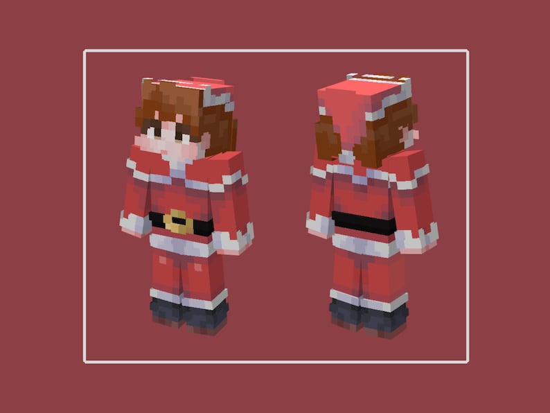 May include: A pixelated character in a Santa Claus outfit, rendered in a blocky style. The character wears a red suit with white trim, a black belt with a gold buckle, and a matching hat. The image is set against a maroon background.