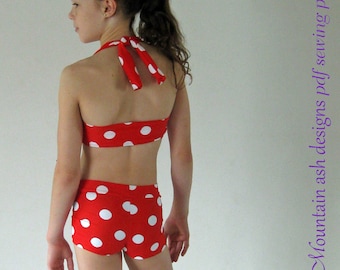 Bikini Pattern Ella Retro Vintage Swimsuit pdf Sewing Pattern Girls Sizes 2-14 Halter Neck Bikini Top High Waisted Shorts
