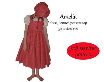 Amelia pdf Sewing Pattern Girls Sizes 1-10 Dress Bonnet Peasant Top Pioneer Dress Pinafore Little House on the Prairie Costume Pattern