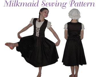 Milkmaid Dance Costume Pattern  Skirt Mop Cap Girls sizes 3-12 Little Milkmaid Peasant Girl pdf Ballet Costume