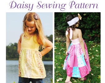 Daisy Patchwork Dress pdf Sewing Pattern Halter Neck Patchwork Dress Top Digital Pattern Girls Sizes 1-10 Toddler Dress Pattern