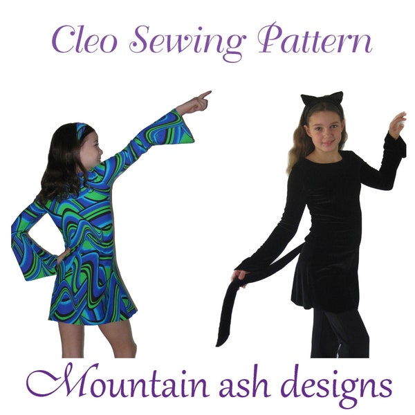 Cleo 60s Dress Costume Sewing Pattern Cat Tunic Dress, Headband Vintage Retro 60s 70s mini Dress Girls Dance Costume Sizes 1-14