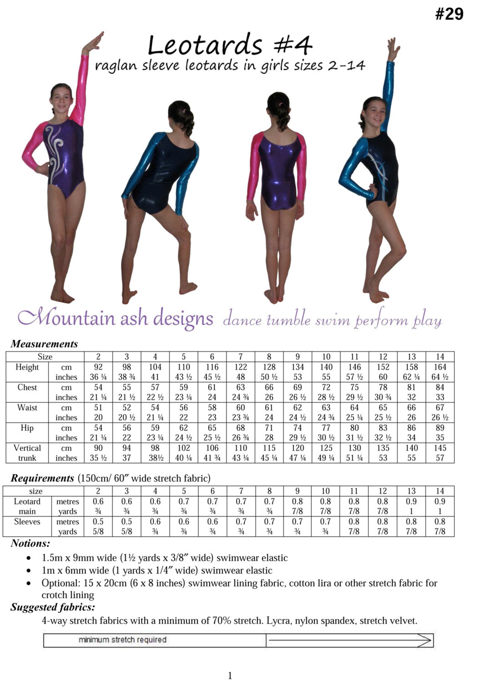 Leotards 4 Pdf Sewing Pattern Gymnastics Long Sleeve Raglan Etsy