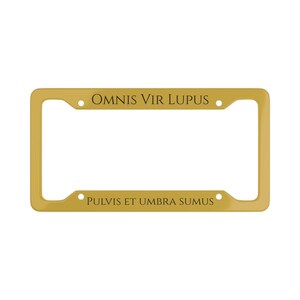 Pulvis et umbra sumus - Gold/Black/Wolf/Scythe - License Plate Frame | Latin Motto Car Plate Border