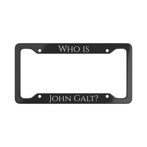 Pode incluir: Moldura preta para placa de carro com o texto branco "WHO IS JOHN GALT?". A moldura tem formato retangular com cantos arredondados e quatro orifícios de montagem.