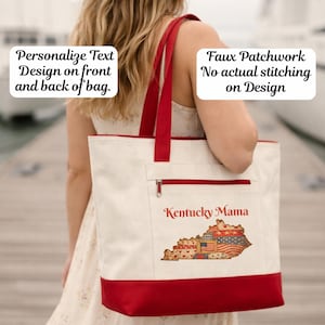 Personalized Kentucky Mama Zippered Canvas Tote, Patriotic Faux Patchwork Kentucky Bag, Mother's day or Memorial Day Gift, July 4th Gift