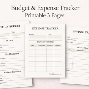 Peut inclure: Trois pages imprimables de suivi du budget et des dépenses. Les pages comprennent des sections pour les budgets mensuels, le suivi des dépenses et le suivi de l'épargne. Le texte "Budget & Expense Tracker Printable 3 Pages" est en haut.