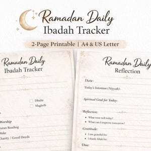 Peut inclure: Imprimable de deux pages, « Ramadan Daily Ibadah Tracker ». Le design présente un croissant de lune et des éléments décoratifs. Le tracker comprend des sections pour les prières, le culte quotidien, la réflexion et la gratitude. Disponible en A4 et US Letter.