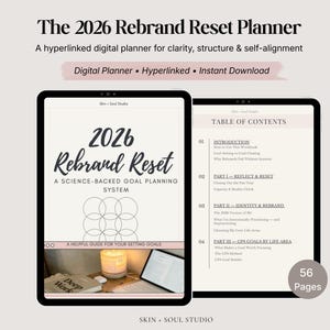 May include: A digital planner titled "The 2026 Rebrand Reset Planner" displayed on two tablets. The planner is designed for clarity, structure, and self-alignment. The cover features the title and the phrase "A Science-Backed Goal Planning System."