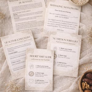 Puede incluir: Una colección de tarjetas beige para el cuidado posparto con texto, que incluyen una lista de verificación de comidas y una lista de deseos nutricionales. Las tarjetas están dispuestas sobre una superficie texturizada de color claro, con un pequeño cuenco de avena y un cuenco de dátiles y nueces.