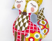 Fox cushion / plush toy featuring geometric patterns