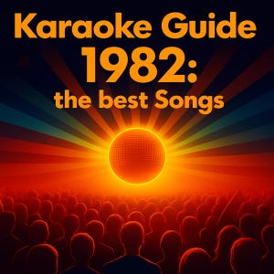 Può includere: Illustrazione digitale per una guida al karaoke. L'immagine presenta il testo "Karaoke Guide 1982: the best Songs" in arancione su uno sfondo scuro. Una sfera arancione brillante è al centro, con una folla di persone in primo piano.
