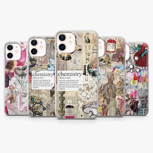 May include: A collection of five phone cases with unique designs. The cases feature a collage of scientific and anatomical illustrations, including beakers, human anatomy, and the word "chemistry". The cases are designed to fit a smartphone.