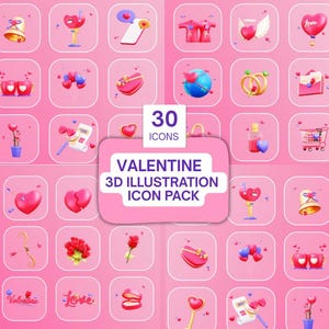 May include: A grid of 3D Valentine's Day icons on a pink background. Icons include hearts, flowers, gifts, and other romantic symbols. The text "Valentine 3D Illustration Icon Pack" is displayed.