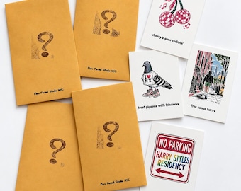 May include: Four tan envelopes with question marks and the text Parc Fermé Studio NYC, alongside four white cards featuring illustrations of disco cherries, a pigeon in sneakers, a person walking in a city, and a No Parking Harry Styles Residency sign.