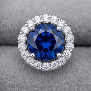 Pendientes de zafiro azul de plata de ley con zafiro redondo y halo. Pendientes de gema azul. Regalo de aniversario para ella. Piedra natal de septiembre.