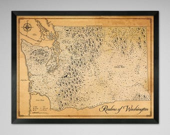 Impresión del mapa fantástico de Washington: ilustración estilo Tolkien (45 x 61 cm)
