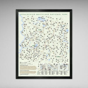 May include: A framed map of the Appalachian Wasteland National Park. The map features detailed illustrations of trails, bodies of water, and landmarks. The title is printed in a bold, sans-serif font. The frame is black.