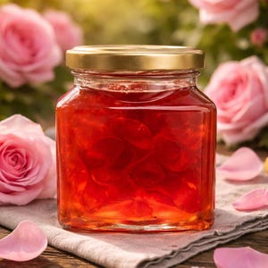 May include: A glass jar filled with red rose petal jelly, topped with a gold lid, rests on a linen cloth. Pink roses and petals are scattered around the jar on a wooden surface.