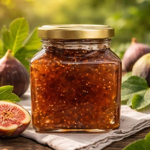 Può includere: Un barattolo di marmellata di fichi con coperchio dorato è posto su una superficie di legno, accanto a fichi freschi e foglie verdi. La marmellata è di colore marrone scuro con semi visibili e il barattolo è quadrato. Lo sfondo è sfocato.