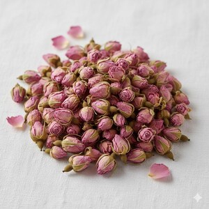 Op de afbeelding: Een hoop gedroogde roze rozenknoppen met groene kelkbladen en enkele verspreide bloemblaadjes. De gesloten knoppen suggereren gebruik in thee, potpourri of voor decoratieve doeleinden. De achtergrond is een witte, getextureerde stof.