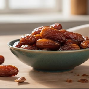 May include: A teal ceramic bowl filled with dates. Several dates are scattered around the bowl on a wooden surface. The dates are brown with a wrinkled texture. Date pits and crumbs are also visible.