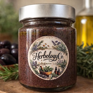 May include: A glass jar with a silver lid, filled with a dark, textured substance. The jar has a circular label with the text "Herbology Co." surrounded by botanical illustrations. The jar sits on a wooden surface.