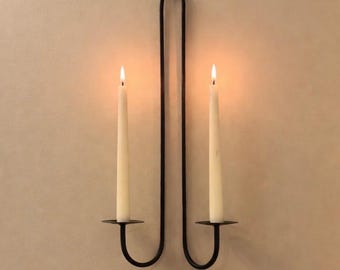 Hand Forged Iron Wall Sconce, Extra Tall Minimalist Black Metal Double Candle Holder
