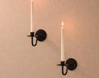 Juego de 2 candelabros de pared de hierro forjado a mano, candelabro minimalista de metal negro