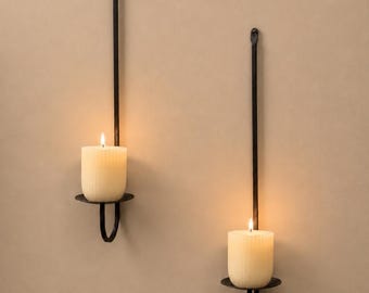 Hand Forged Iron Wall Sconce Set of 2, Minimalist Black Metal Candle Holder