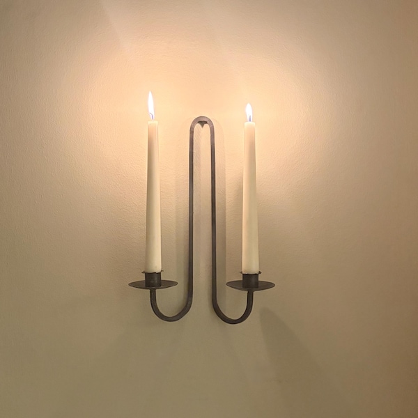 Hand Forged Iron Wall Sconce, Minimalist Black Metal Double Candle Holder