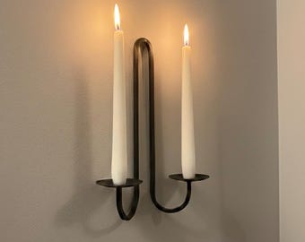Hand Forged Iron Wall Sconce, Minimalist Black Metal Double Candle Holder