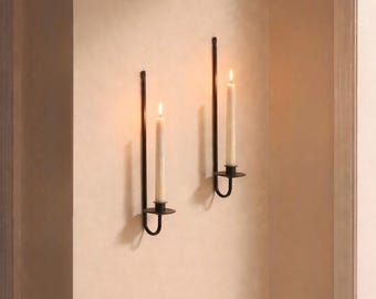 Hand Forged Iron Wall Sconce Set of 2, Minimalist Black Metal Candle Holder
