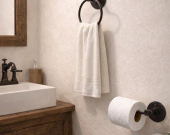 Hand Forged Iron Bathroom Hardware, Rustic Towel Ring, Toilet Paper Holder