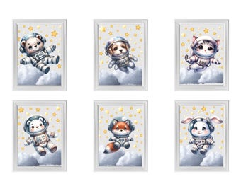 Space Animal Nursery Prints, Astronaut Animals, Watercolor Art (Digital Download)