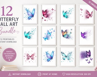 12 Watercolor Butterfly Prints, Nursery Wall Art Bundle (Digital Download)
