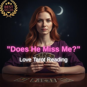 May include: A woman with red hair holds tarot cards, with the text "Does He Miss Me?" and "Love Tarot Reading". The image has a dark background with a crescent moon and stars. A "Best Seller" badge is in the upper left corner.