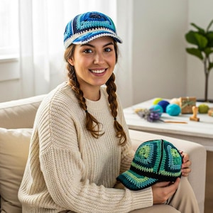 May include: A woman wearing a blue and white crochet baseball cap. She is holding a green and blue crochet baseball cap. The caps have a square pattern design. The woman is wearing a cream-colored sweater.