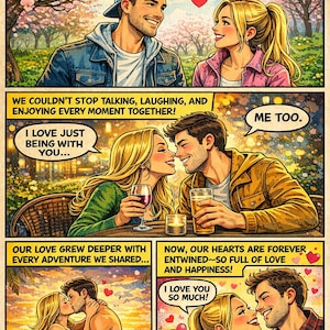 May include: Comic strip illustration titled "How We Fell in Love." The panels depict a couple's relationship, from initial meeting to a beach embrace and a final loving embrace. Text bubbles convey romantic sentiments, with hearts throughout.