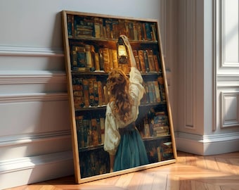 Viktoriansk bibliotekskvinna väggkonst - Mörk akademisk tryck - Vintage bokoljemålning - Dark Cottagecore-dekor - Nedladdningsbar present till bokälskare